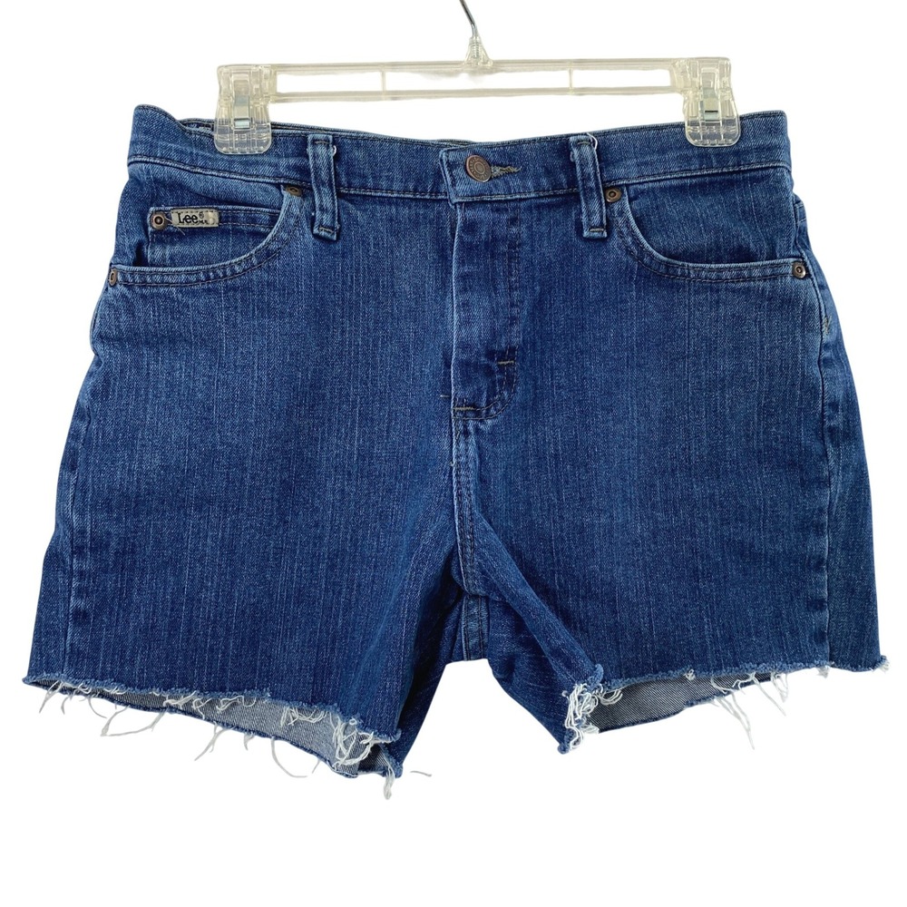 Lee Cut Off Jean Shorts Womens Size 6 Medium Wash Denim Hi Rise Raw Hem Festival